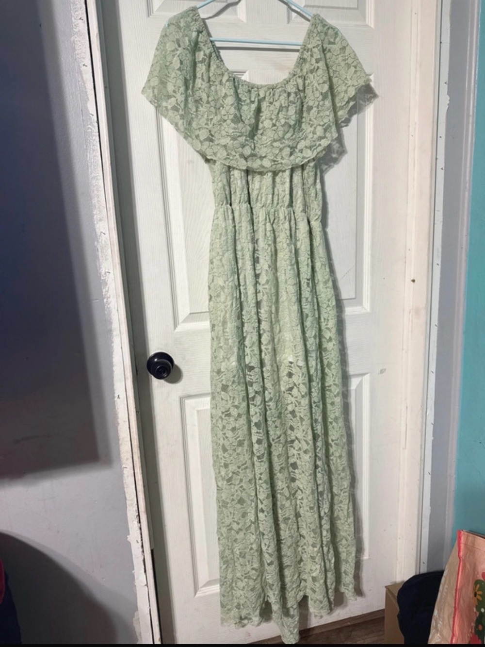 Off-Shoulder Lace Maxi Dress in Sage Green